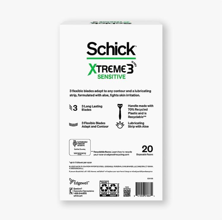 Schick Xtreme 3 Sensitive Disposable Razors with Aloe for Men, 20 ct., Green