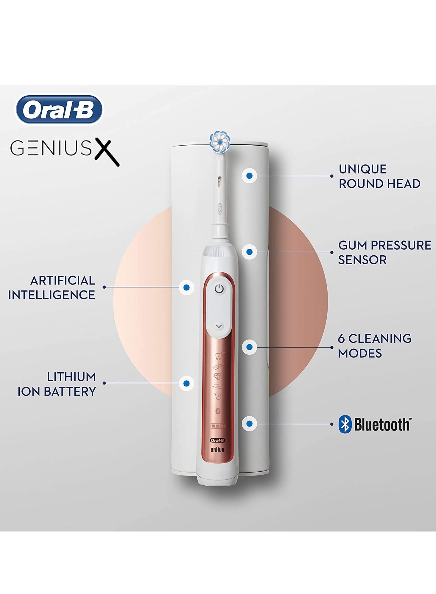 Oral-B Genius X AI Electric Toothbrush – Rose Gold, 6 Modes + Travel Case