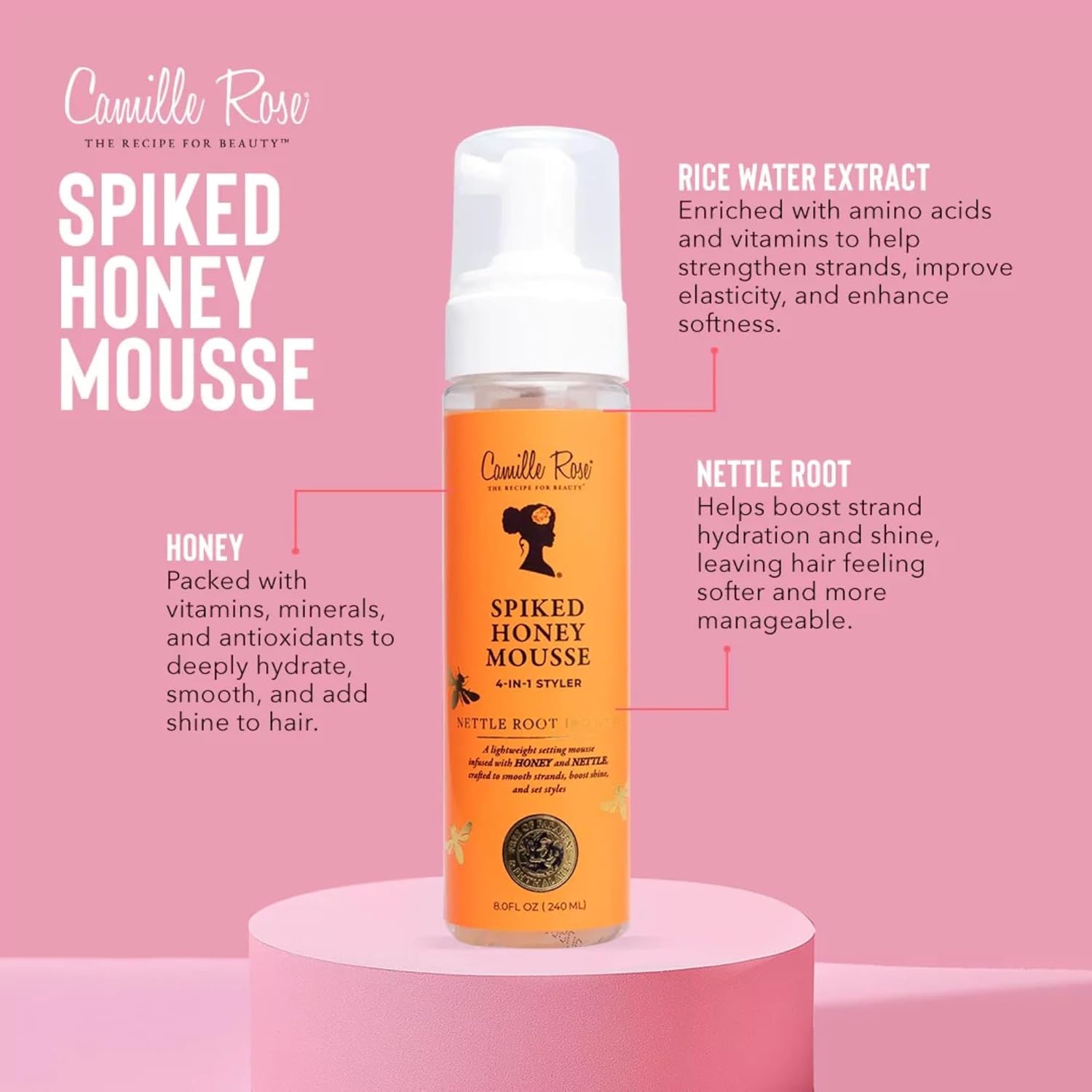 Camille Rose Spiked Honey Mousse 4-in-1 Hair Styler to Define Curls and Hold Styles Into Place while Nourishing and Adding Shine | With Honey and Nettle Root