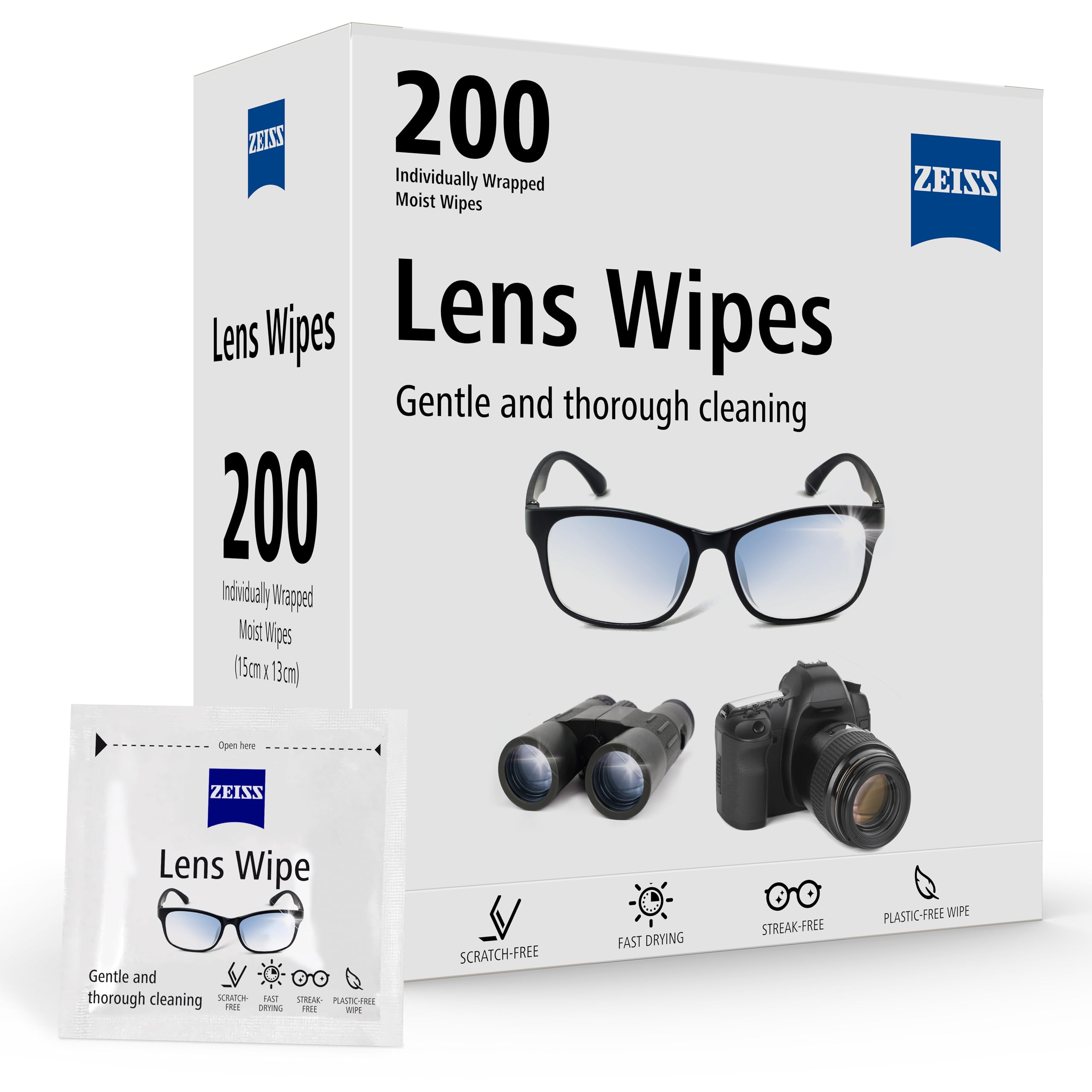 ZEISS Lens Wipes – 200 Ct, Individually Packed for Glasses & Cameras
