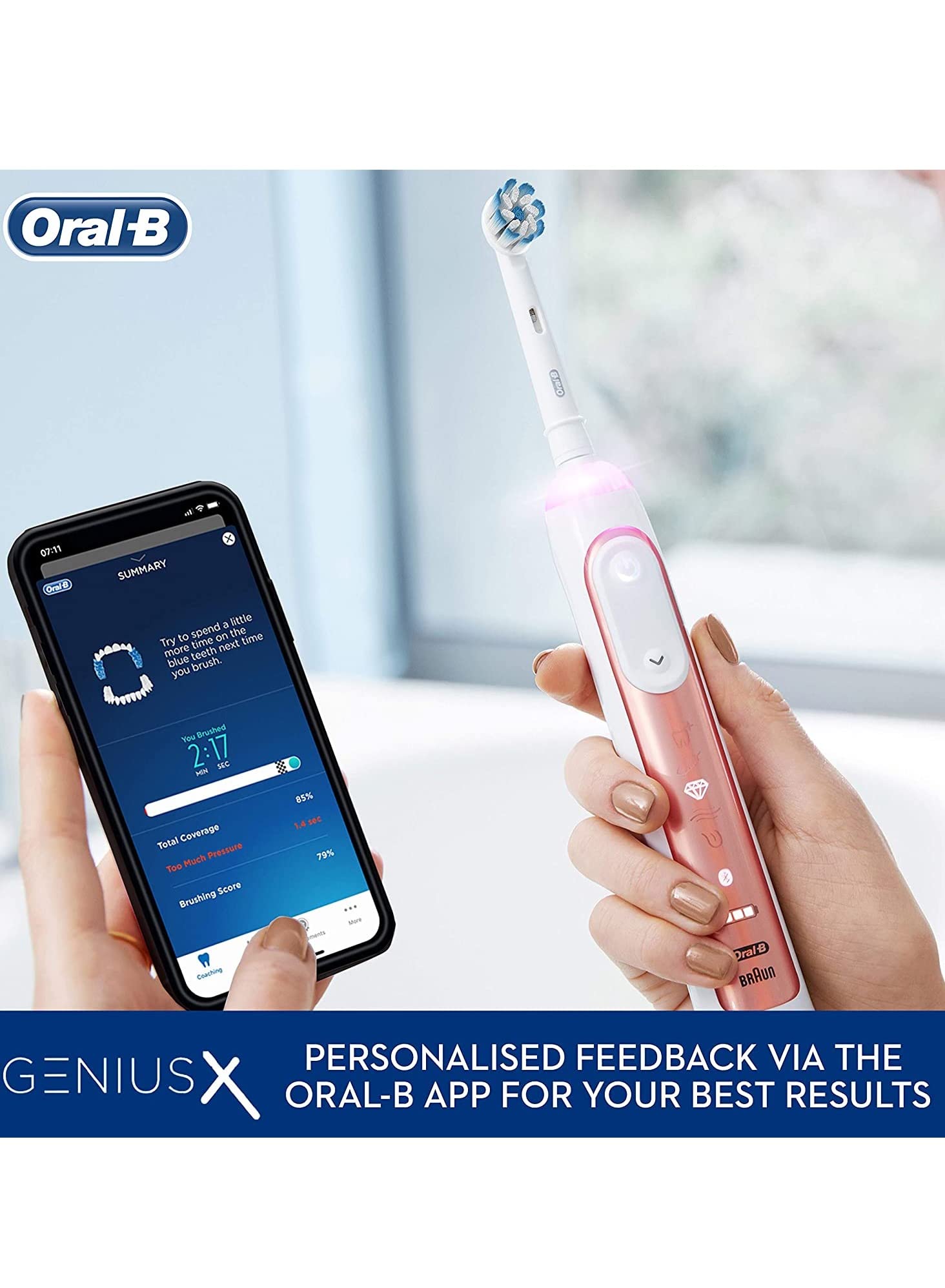 Oral-B Genius X AI Electric Toothbrush – Rose Gold, 6 Modes + Travel Case