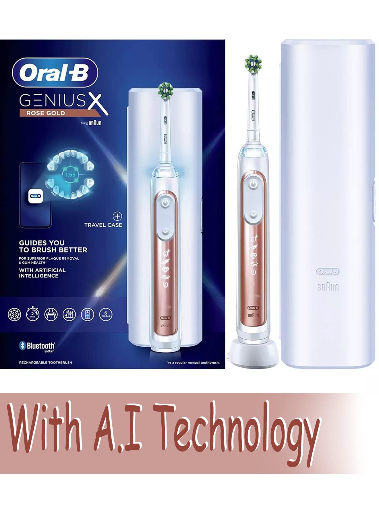 Oral-B Genius X AI Electric Toothbrush – Rose Gold, 6 Modes + Travel Case