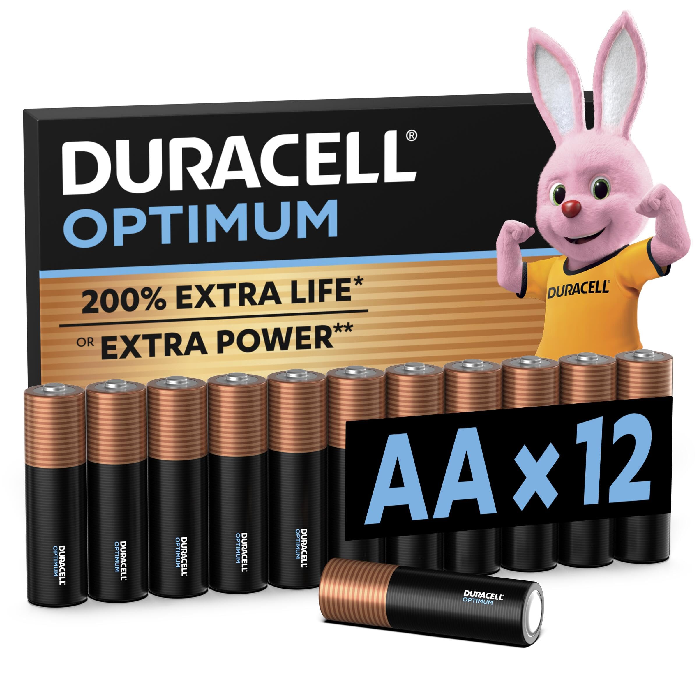 Duracell Optimum AA Batteries (12 Pack) - Alkaline Batteries 1.5V - Up To 200% Extra Life or Extra Power - Meets Demands Of Modern Devices - 100% Recyclable, 0% Plastic Packaging - LR6 MX1500